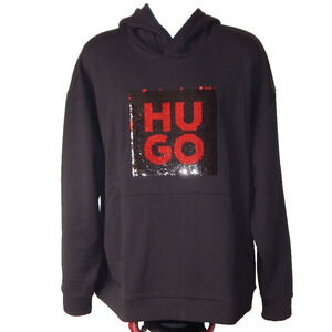 NWT HUGO Deseqino Reverse Sequin Logo Relaxed Fit Overhead Hoodie Black Men XXL